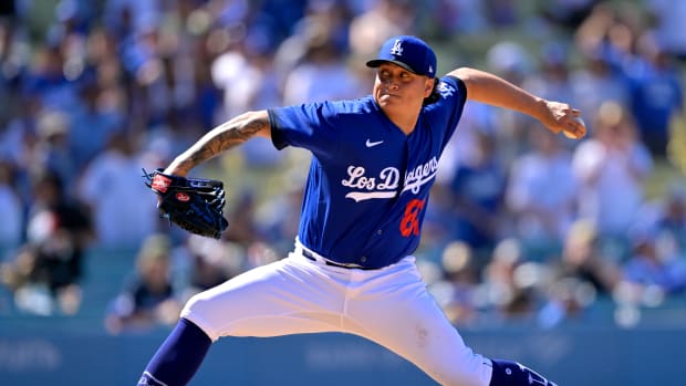Aug 13, 2023; Los Angeles, California, USA; Los Angeles Dodgers relief pitcher VIctor Gonzalez (81) throws a scoreless ninth inning defeating the Colorado Rockies at Dodger Stadium.